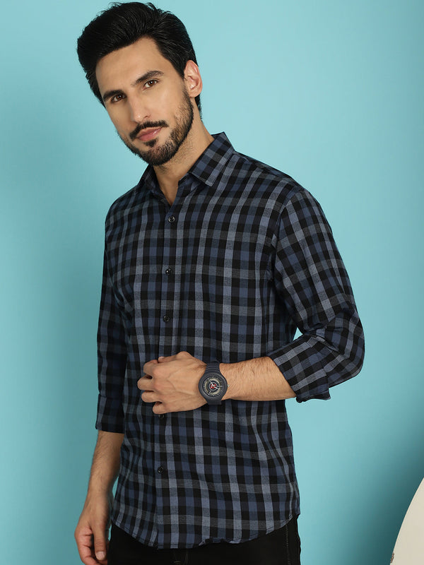 Indian Needle Men's Checked Casual Shirt - Navy Blue - Distacart