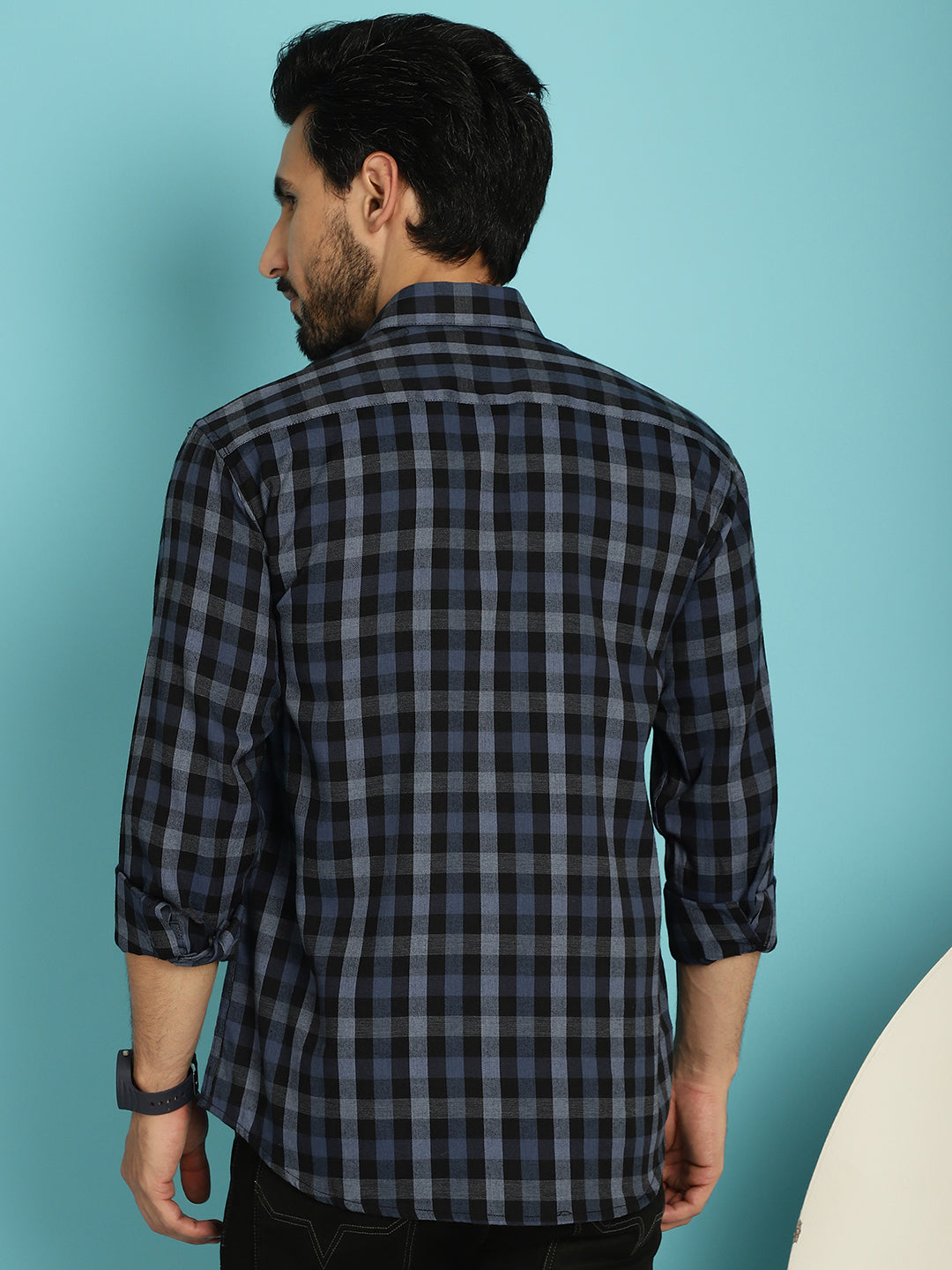 Indian Needle Men's Checked Casual Shirt - Navy Blue - Distacart