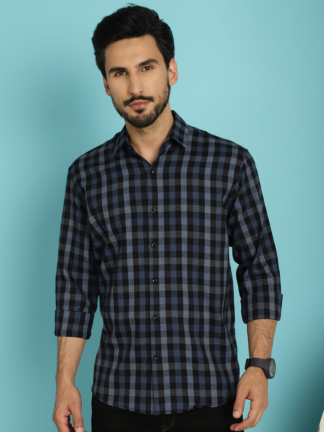 Indian Needle Men's Checked Casual Shirt - Navy Blue - Distacart