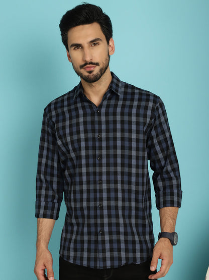 Indian Needle Men's Checked Casual Shirt - Navy Blue - Distacart