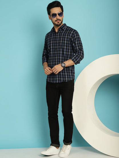 Indian Needle Men's Checked Casual Shirt - Navy Blue - Distacart