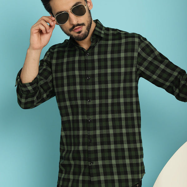 Indian Needle Men's Checked Casual Shirt - Olive - Distacart