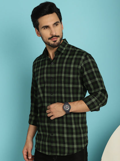 Indian Needle Men's Checked Casual Shirt - Olive - Distacart