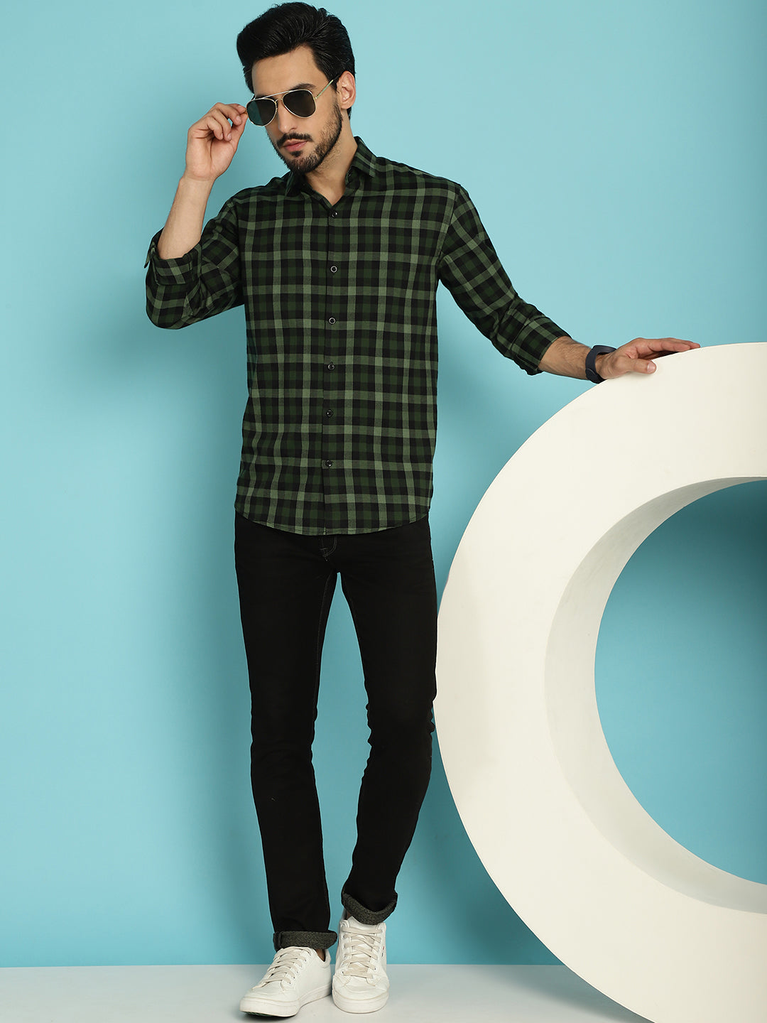 Indian Needle Men's Checked Casual Shirt - Olive - Distacart