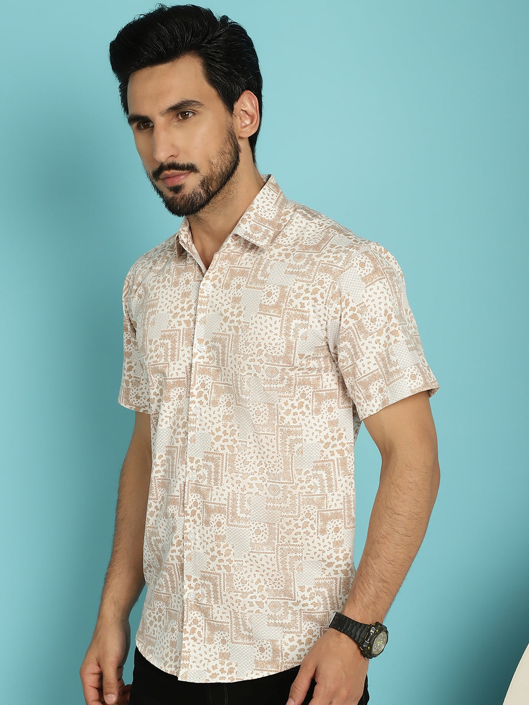 Indian Needle Men's Printed Casual Shirt - Peach - Distacart
