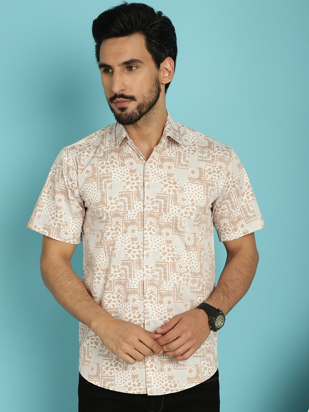 Indian Needle Men's Printed Casual Shirt - Peach - Distacart