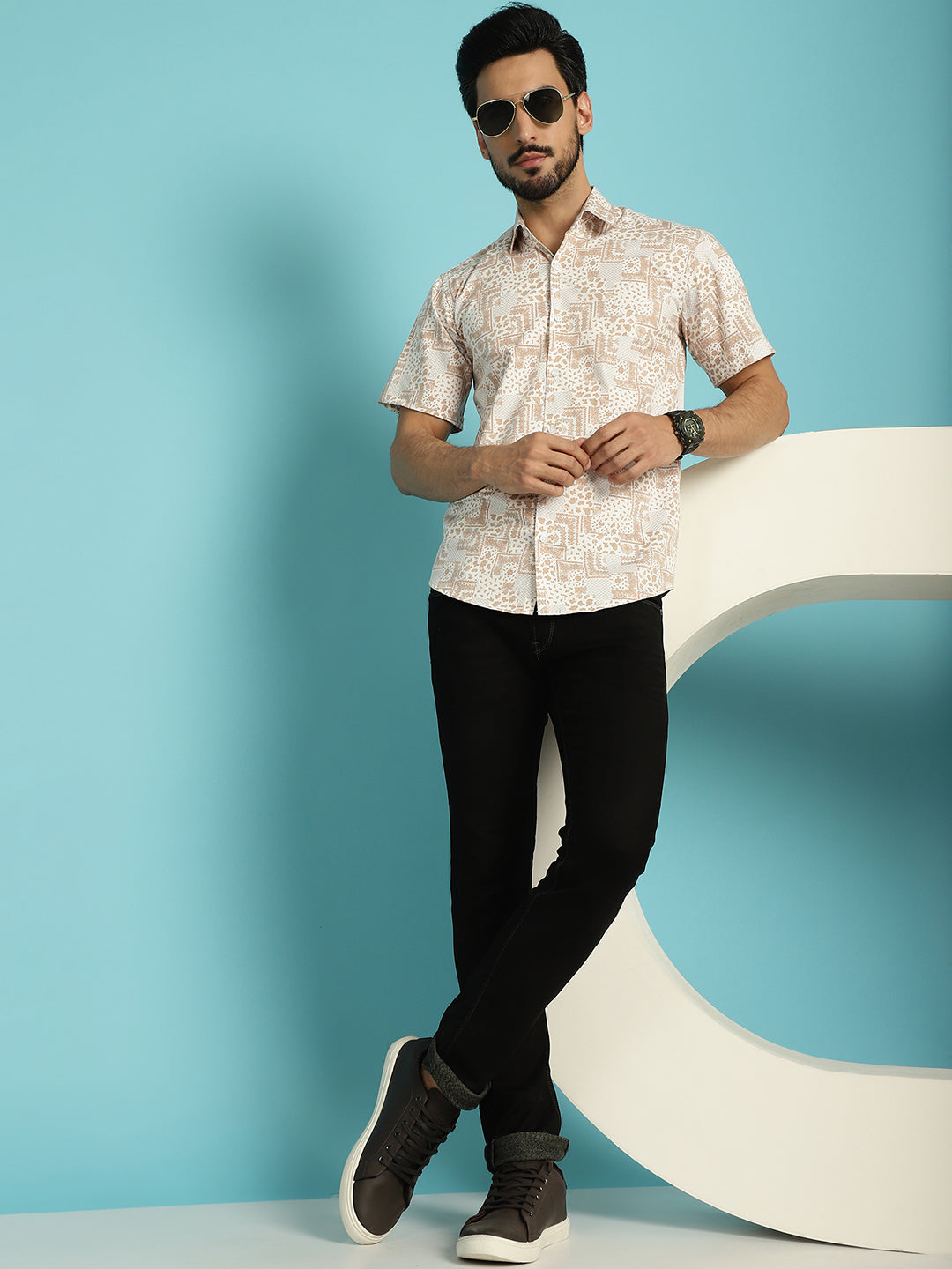 Indian Needle Men's Printed Casual Shirt - Peach - Distacart