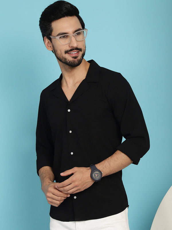 Indian Needle Men's Lapel Collar Casual Shirt - Black - Distacart
