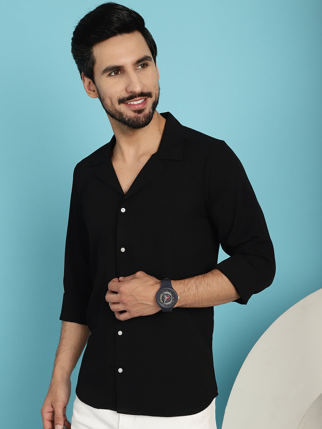 Indian Needle Men's Lapel Collar Casual Shirt - Black - Distacart