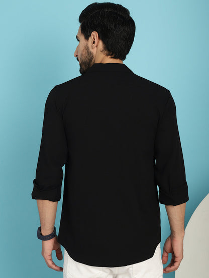 Indian Needle Men's Lapel Collar Casual Shirt - Black - Distacart