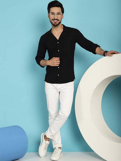 Indian Needle Men's Lapel Collar Casual Shirt - Black - Distacart