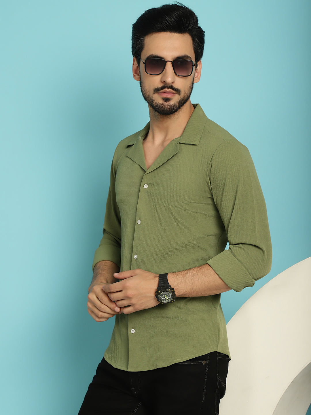 Indian Needle Men's Lapel Collar Casual Shirt - Olive - Distacart
