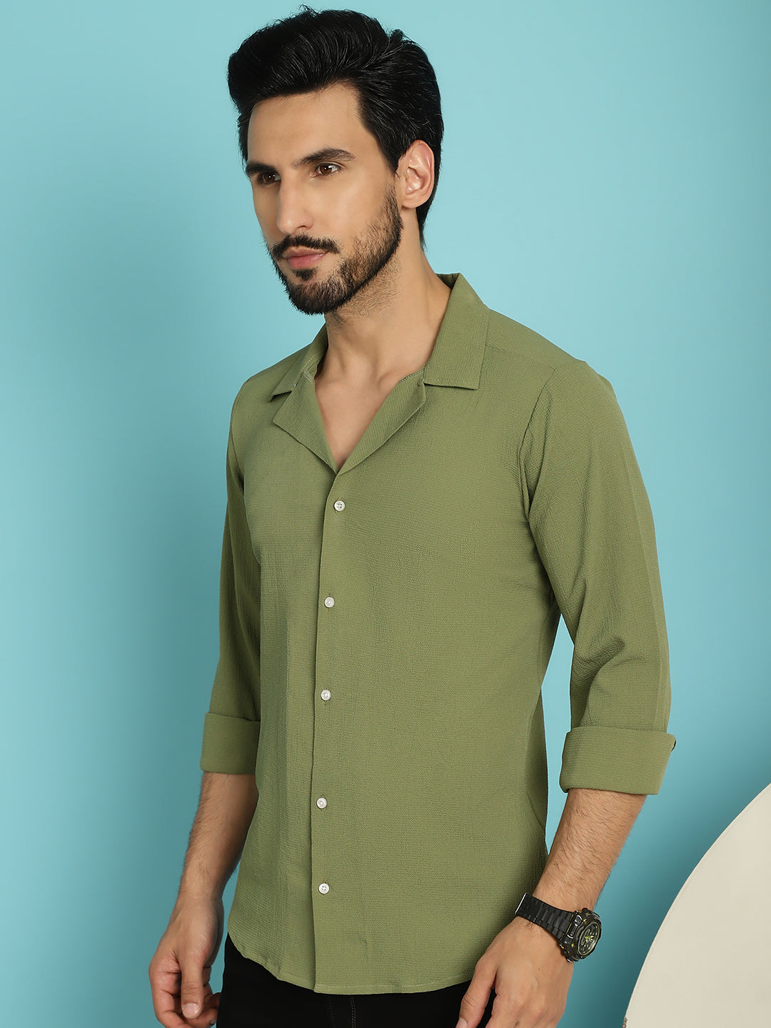 Indian Needle Men's Lapel Collar Casual Shirt - Olive - Distacart