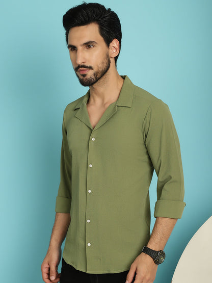 Indian Needle Men's Lapel Collar Casual Shirt - Olive - Distacart