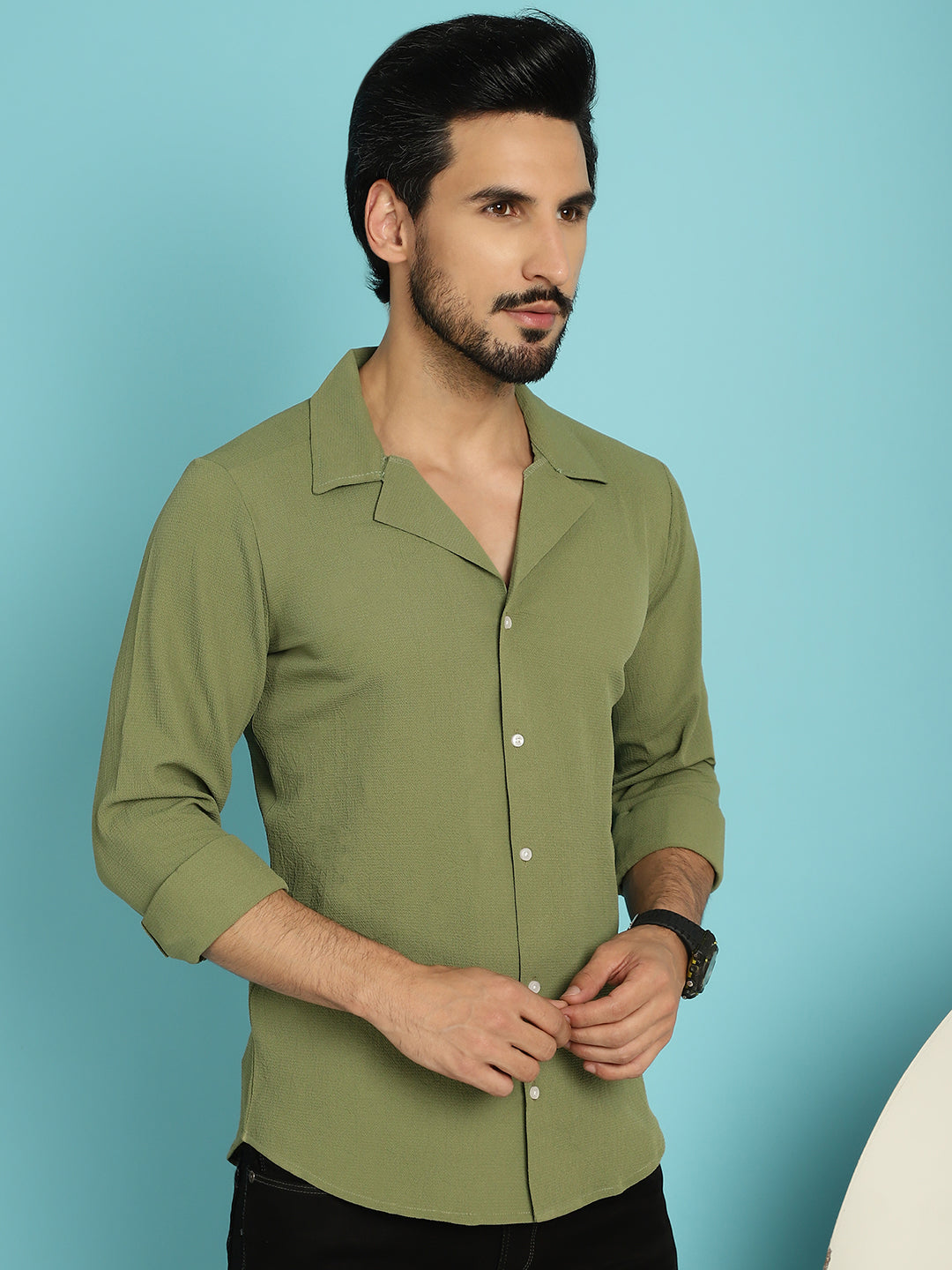 Indian Needle Men's Lapel Collar Casual Shirt - Olive - Distacart