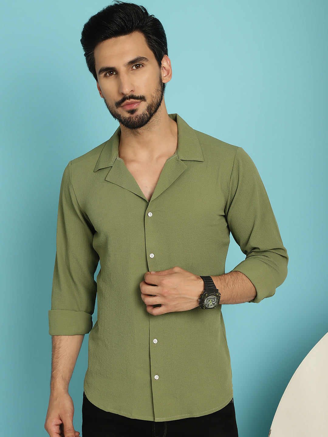 Indian Needle Men's Lapel Collar Casual Shirt - Olive - Distacart