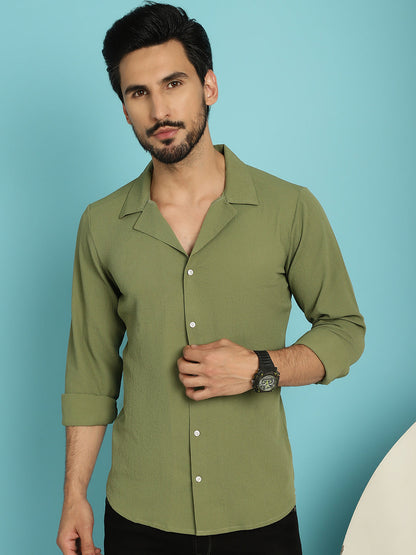 Indian Needle Men's Lapel Collar Casual Shirt - Olive - Distacart