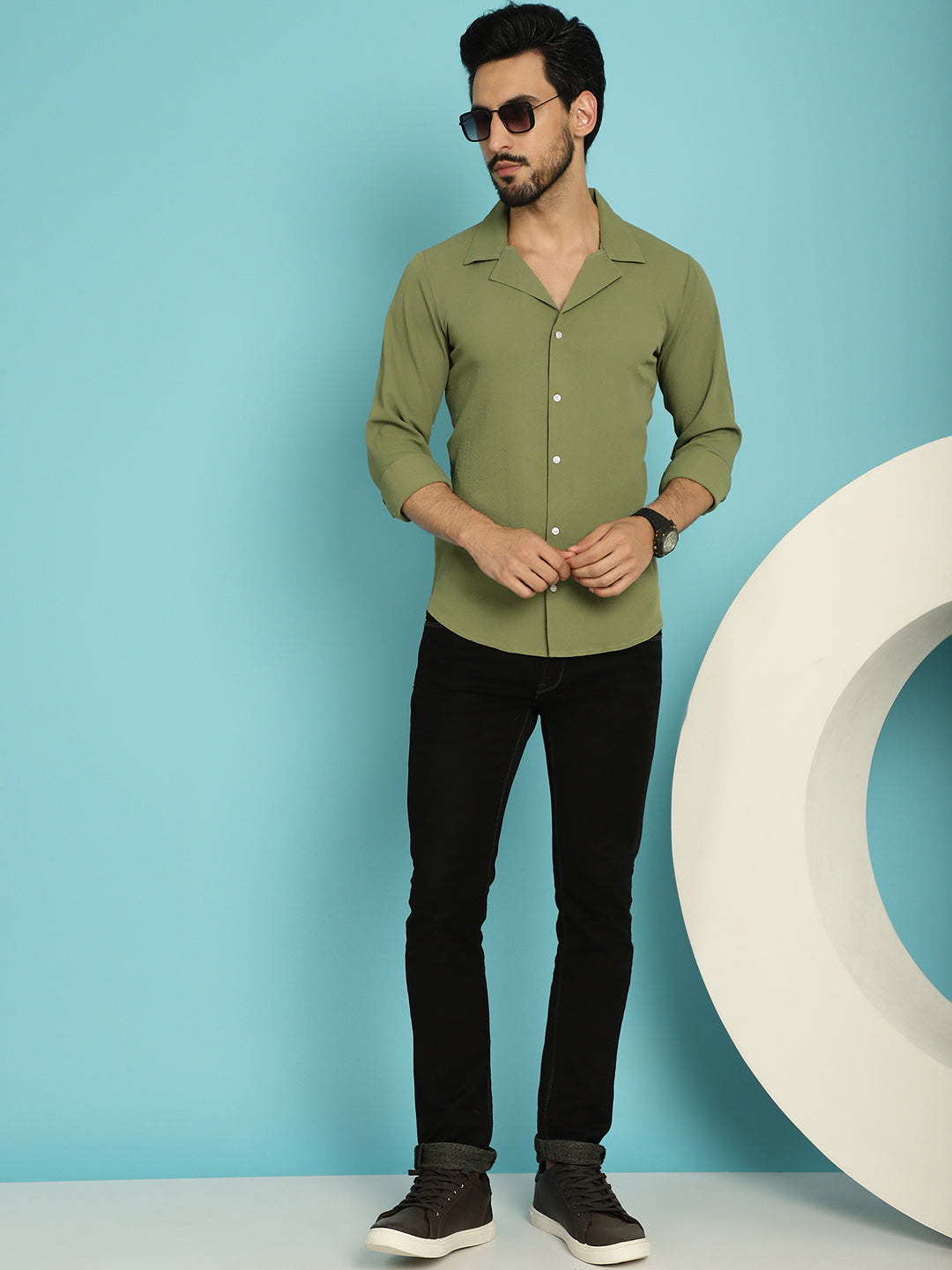 Indian Needle Men's Lapel Collar Casual Shirt - Olive - Distacart