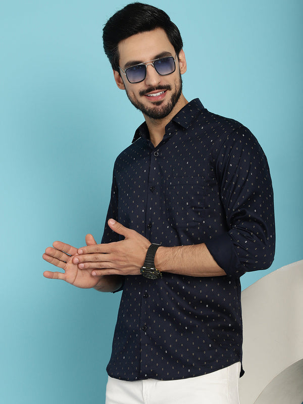 Indian Needle Men's Printed Casual Shirt - Navy Blue - Distacart