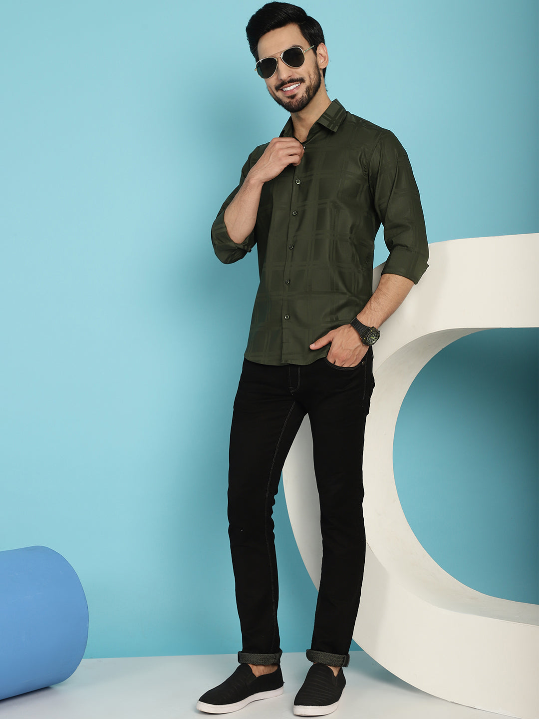 Indian Needle Men's Olive Green Checked Casual Shirt - Olive - Distacart