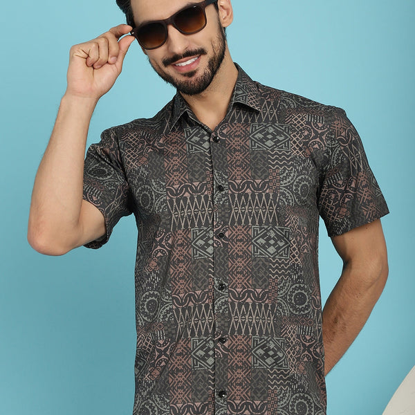 Indian Needle Men's Dark-Grey Printed Casual Shirt - Dark-Grey - Distacart