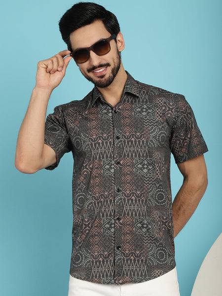 Indian Needle Men's Dark-Grey Printed Casual Shirt - Dark-Grey - Distacart