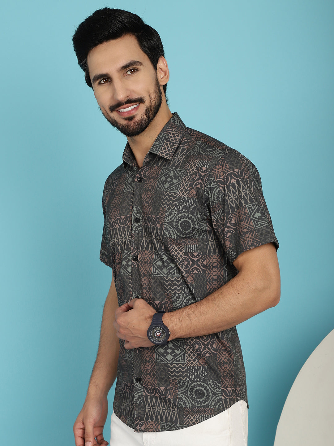 Indian Needle Men's Dark-Grey Printed Casual Shirt - Dark-Grey - Distacart