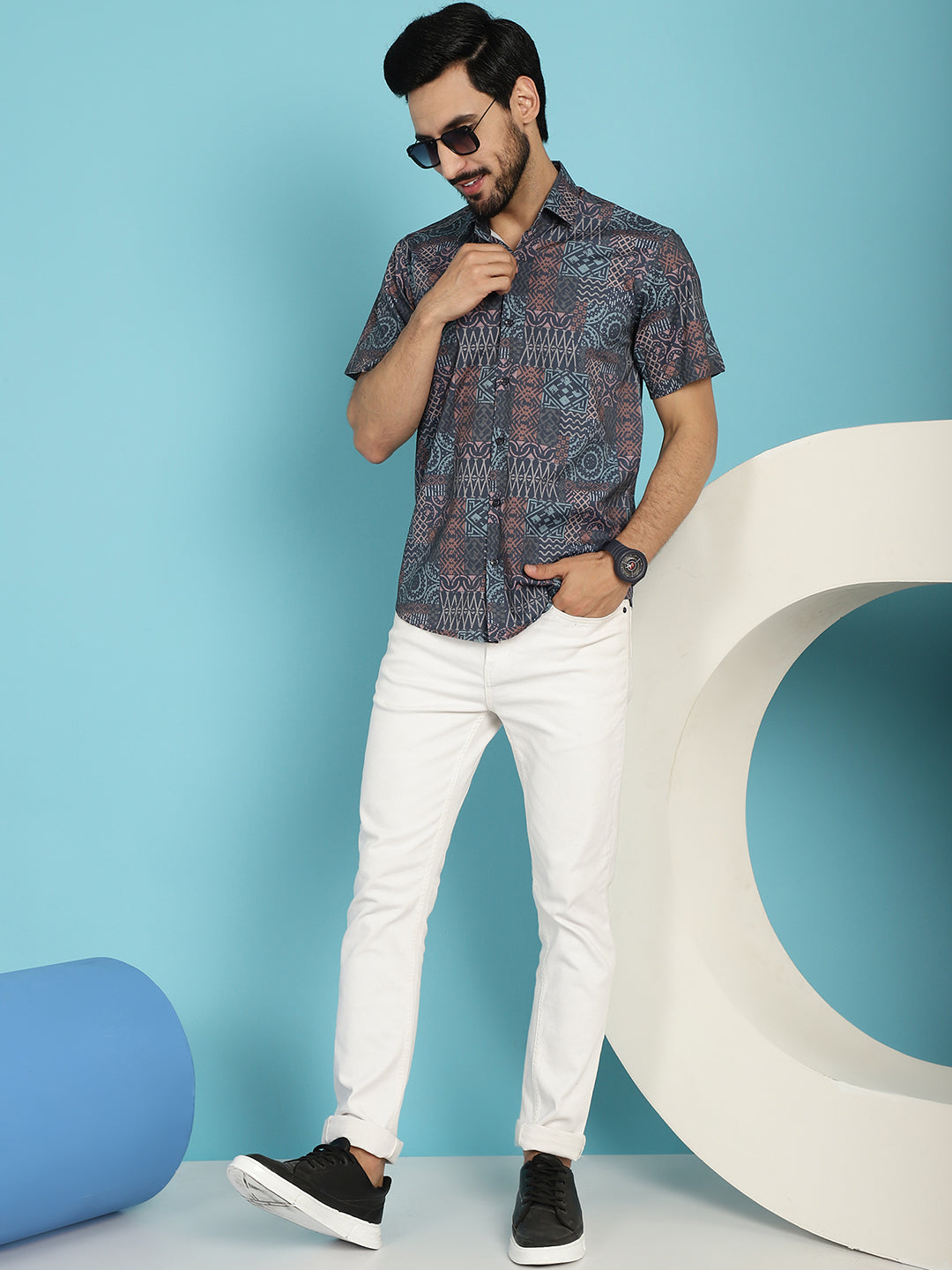 Indian Needle Men's Grey Printed Casual Shirt - Grey - Distacart