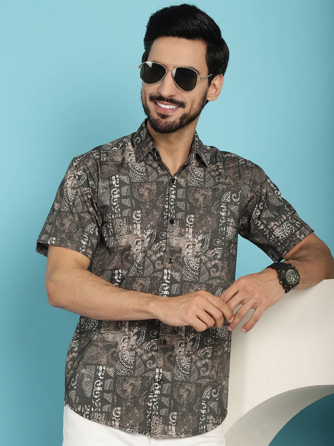 Indian Needle Men's Printed Casual Shirt - Brown - Distacart