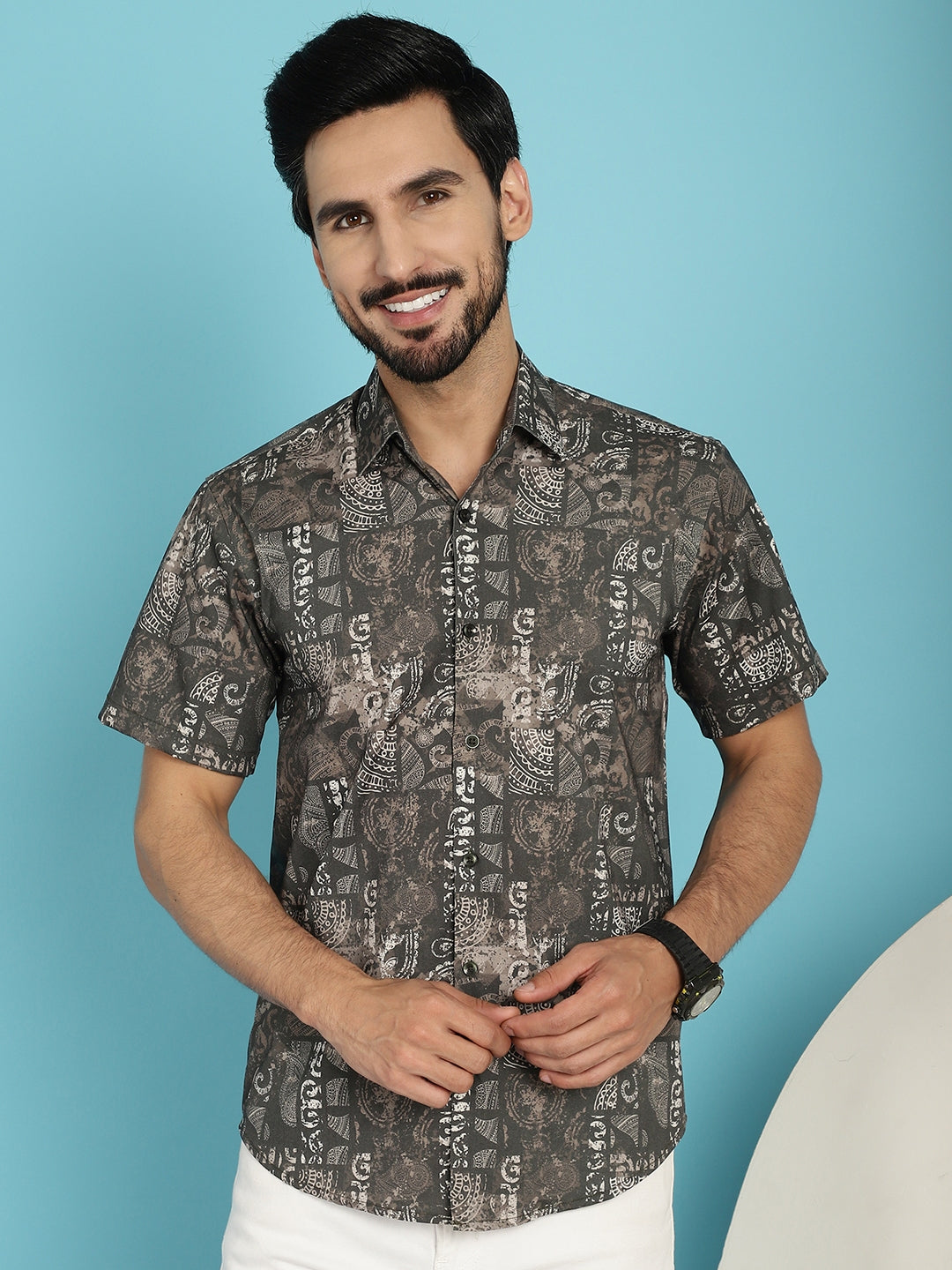 Indian Needle Men's Printed Casual Shirt - Brown - Distacart