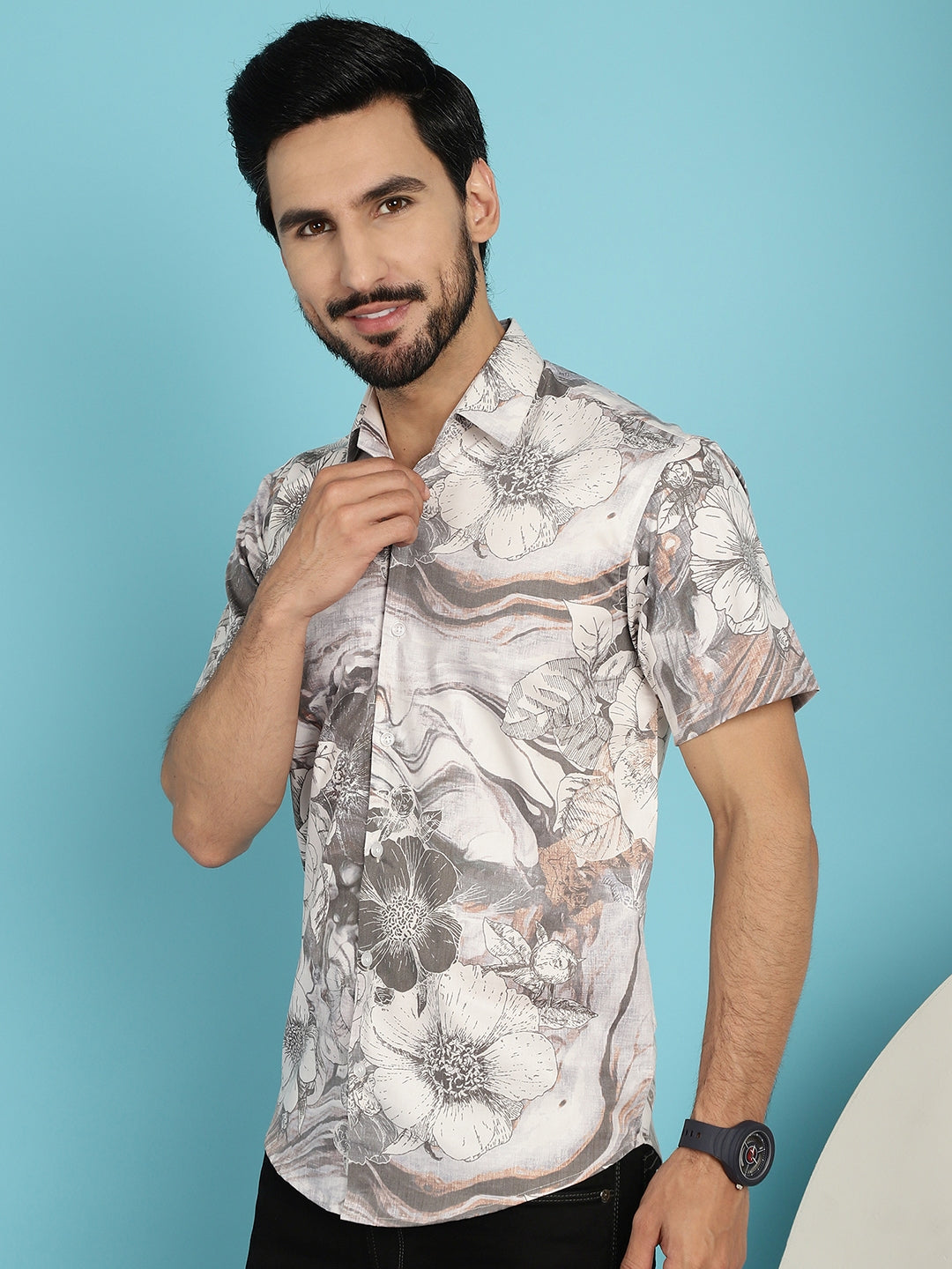 Indian Needle Men's Floral Printed Casual Shirt - Cream - Distacart