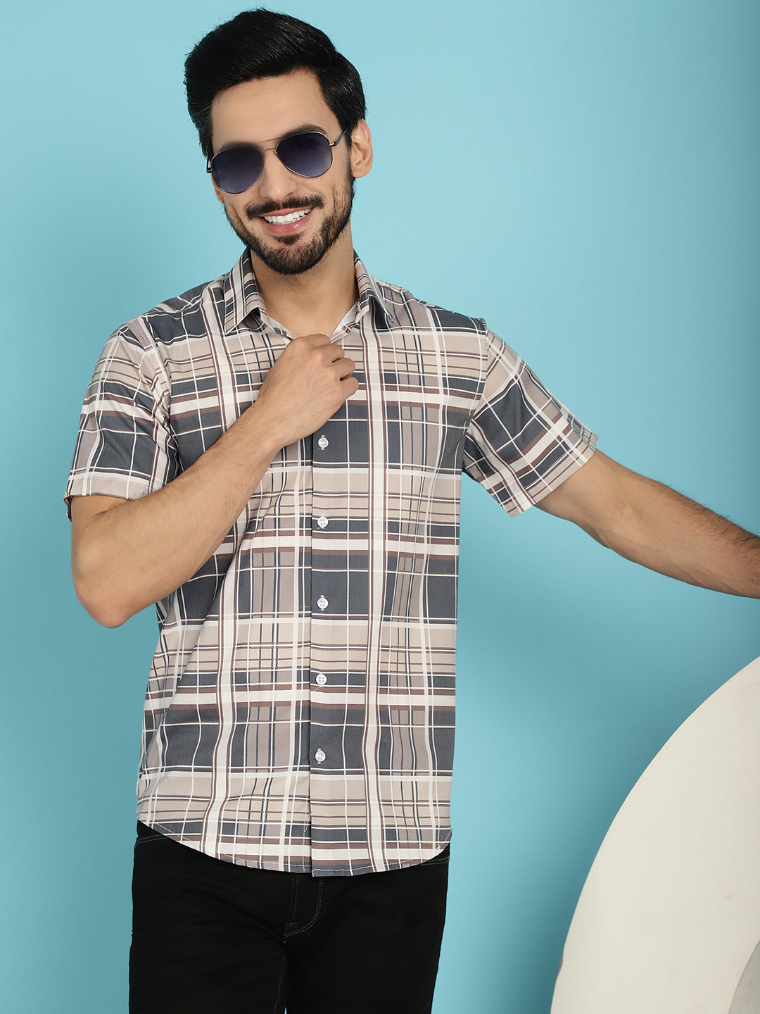 Indian Needle Men's Checked Casual Shirt - Grey - Distacart