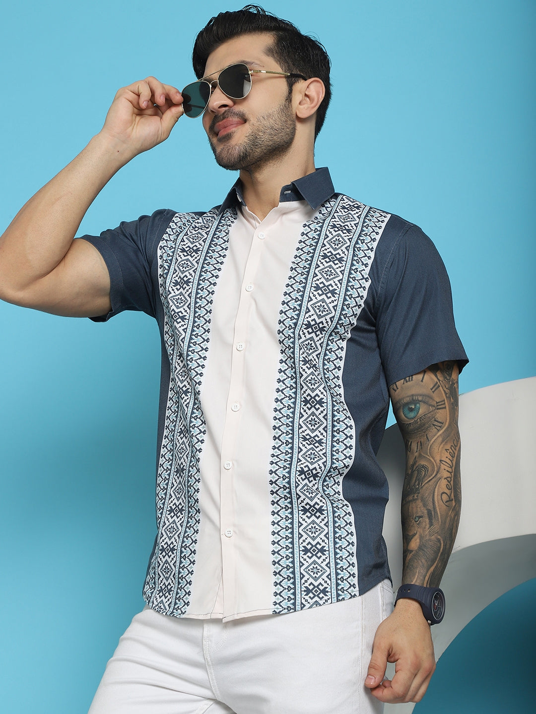 Indian Needle Men's Printed Half Sleeve Lycra Shirt - Charcoal - Distacart