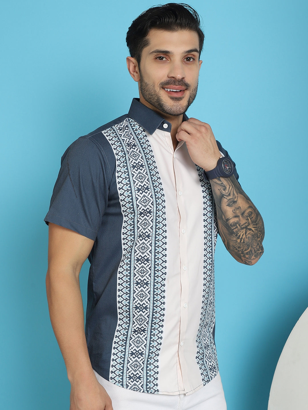 Indian Needle Men's Printed Half Sleeve Lycra Shirt - Charcoal - Distacart