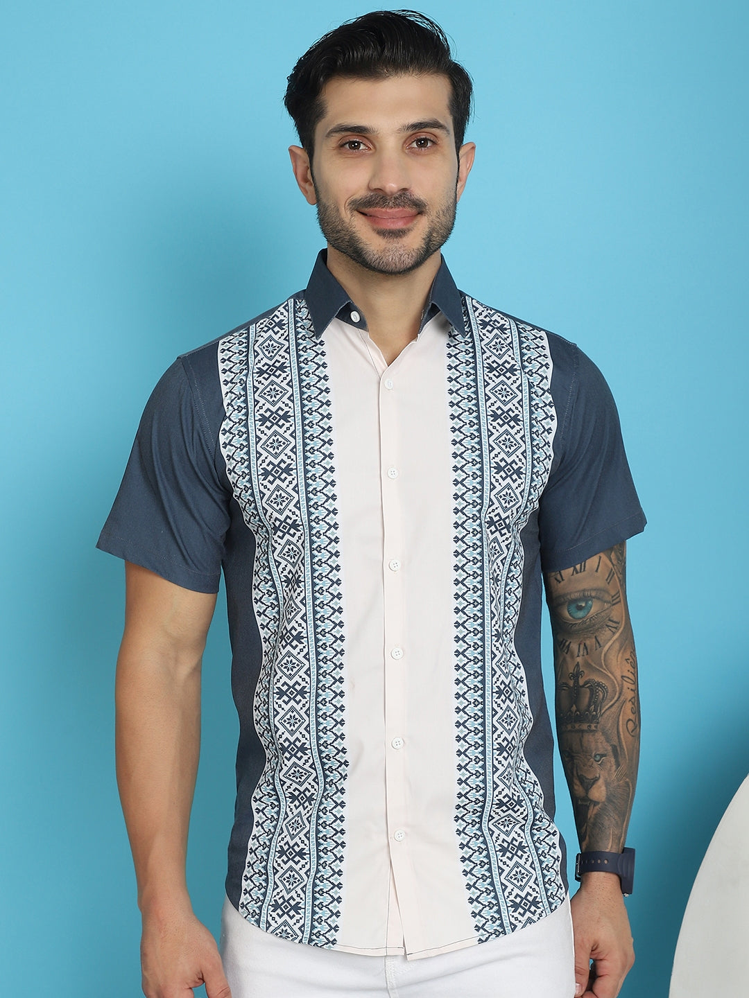 Indian Needle Men's Printed Half Sleeve Lycra Shirt - Charcoal - Distacart
