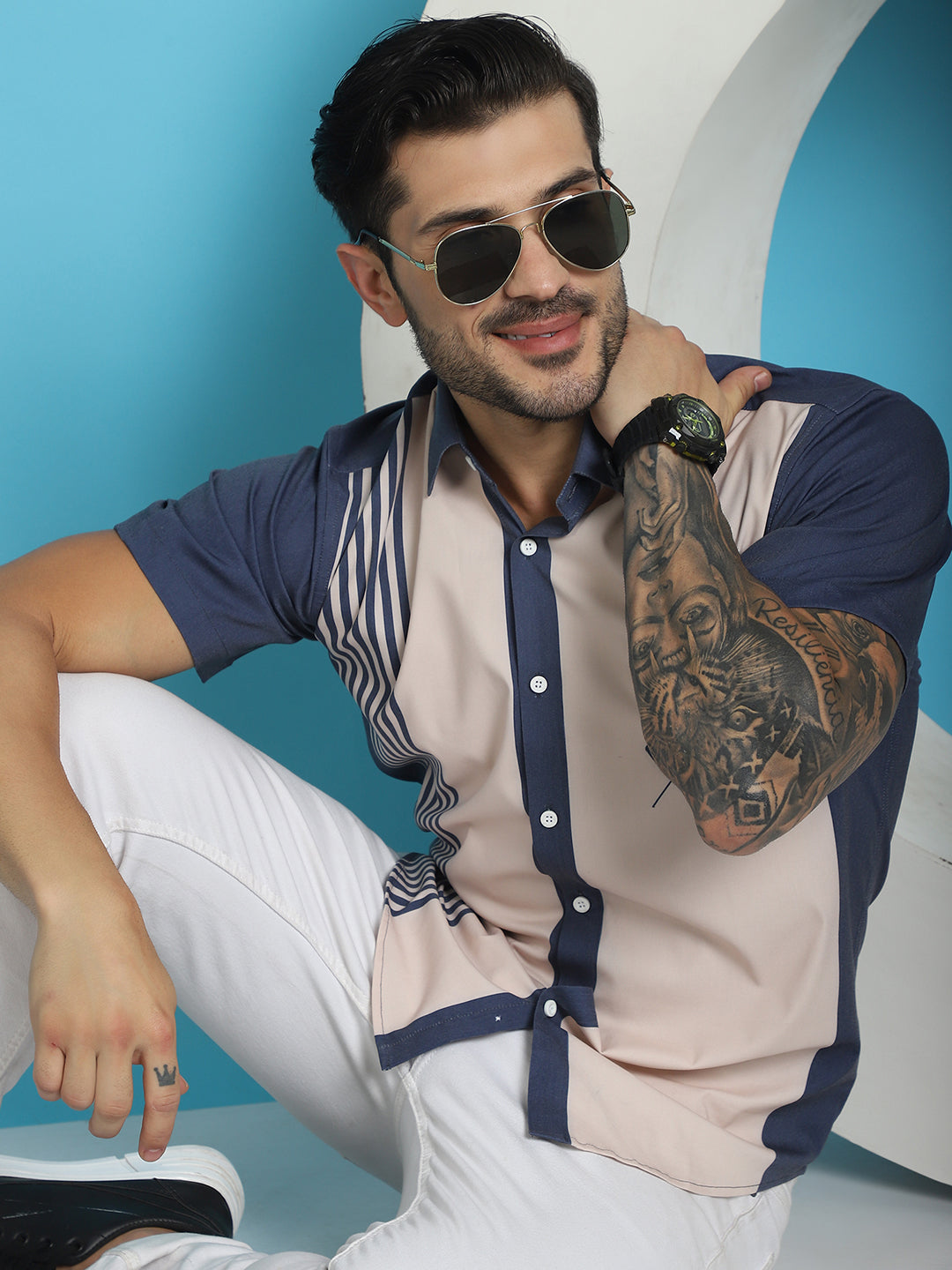 Indian Needle Men's Printed Half Sleeve Lycra Shirt - Cream - Distacart
