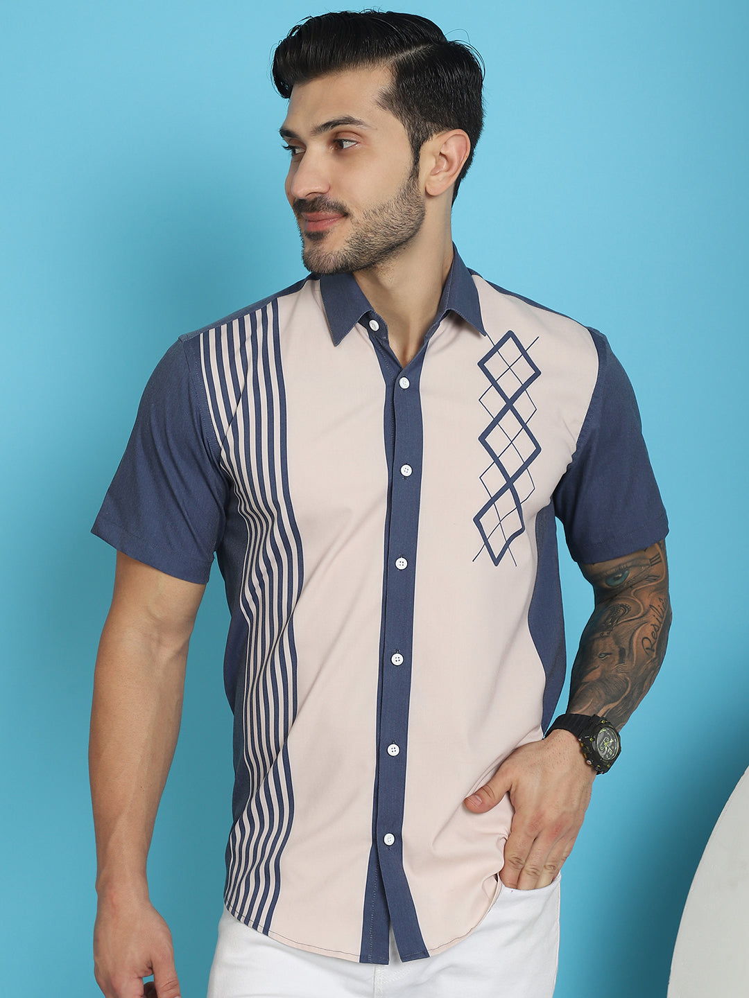 Indian Needle Men's Printed Half Sleeve Lycra Shirt - Cream - Distacart