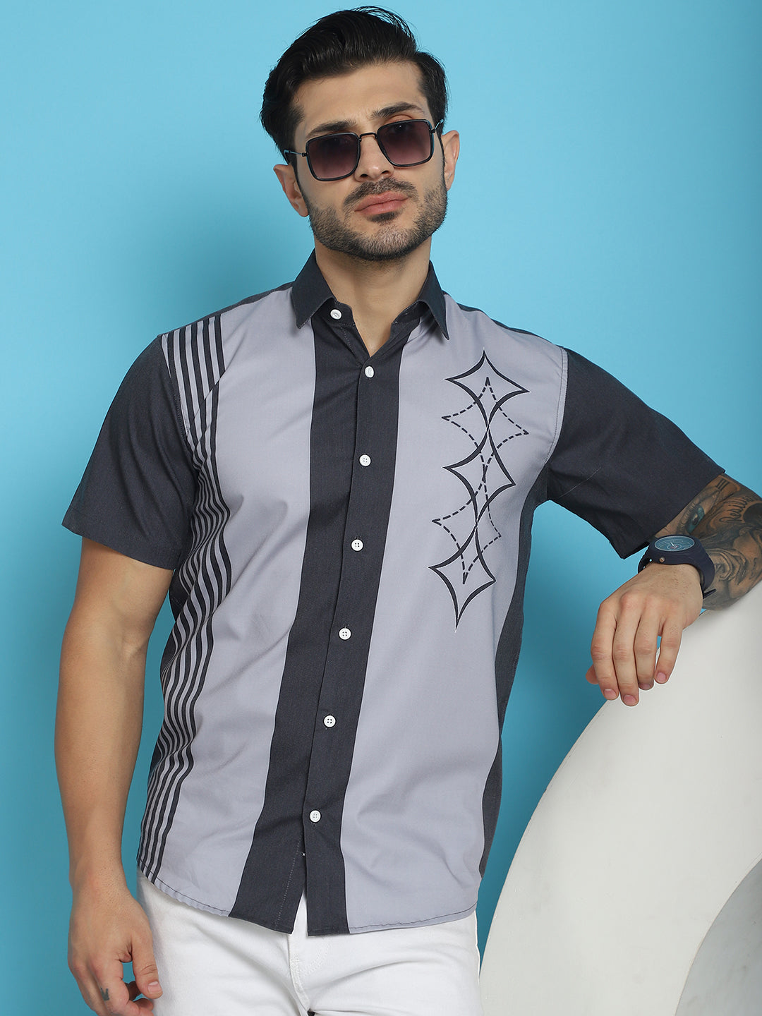 Indian Needle Men's Printed Half Sleeve Lycra Shirt - Grey - Distacart
