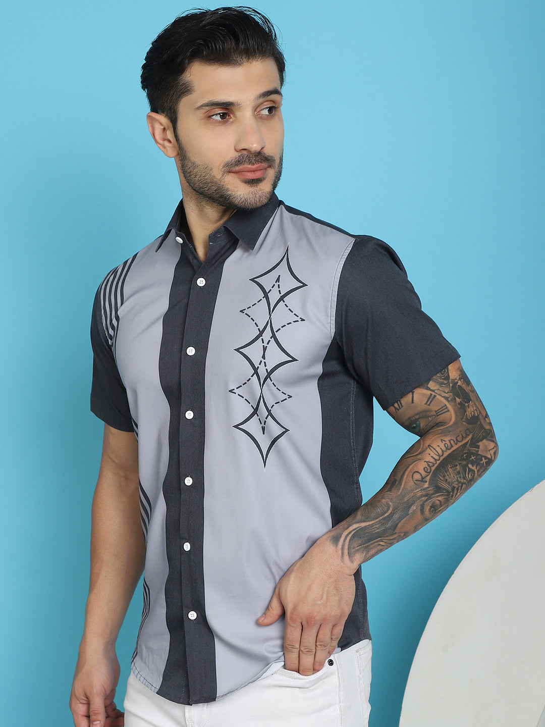 Indian Needle Men's Printed Half Sleeve Lycra Shirt - Grey - Distacart