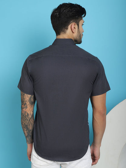 Indian Needle Men's Printed Half Sleeve Lycra Shirt - Grey - Distacart