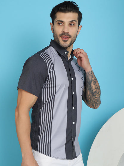 Indian Needle Men's Printed Half Sleeve Lycra Shirt - Grey - Distacart