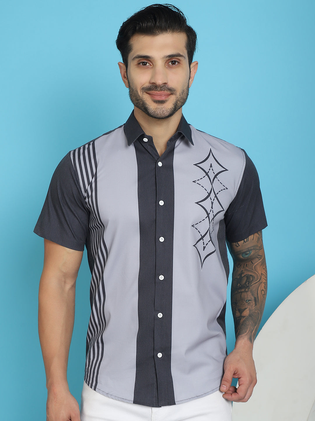 Indian Needle Men's Printed Half Sleeve Lycra Shirt - Grey - Distacart