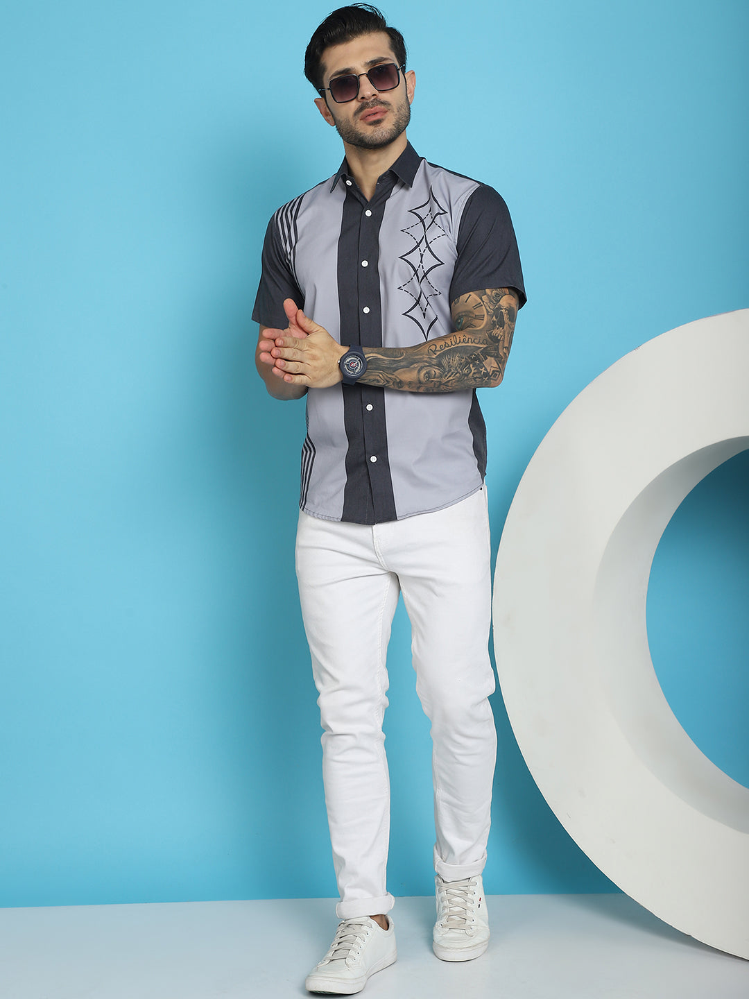 Indian Needle Men's Printed Half Sleeve Lycra Shirt - Grey - Distacart