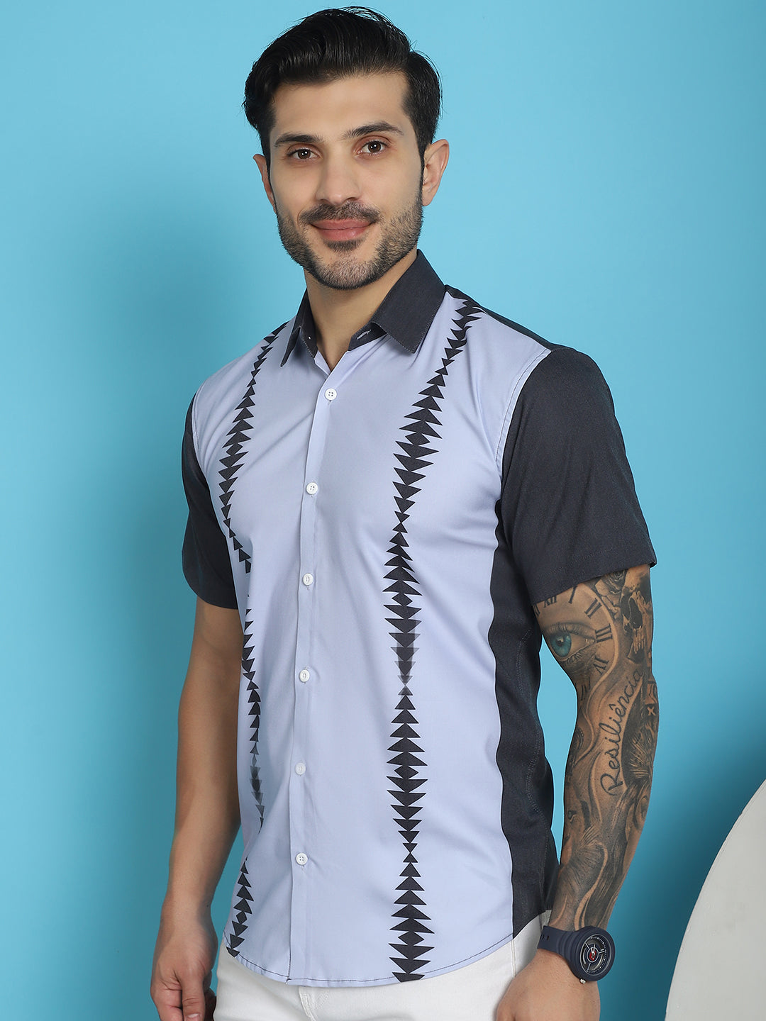 Indian Needle Men's Printed Half Sleeve Lycra Shirt - Sky Blue - Distacart