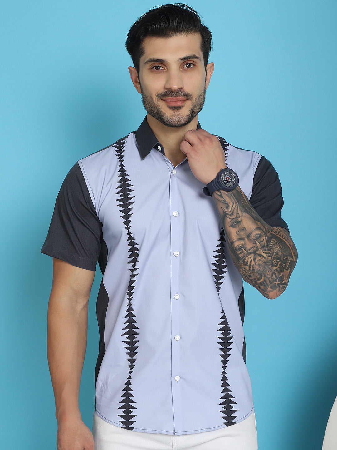Indian Needle Men's Printed Half Sleeve Lycra Shirt - Sky Blue - Distacart