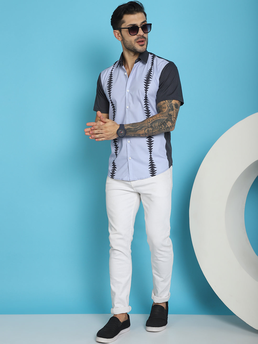 Indian Needle Men's Printed Half Sleeve Lycra Shirt - Sky Blue - Distacart