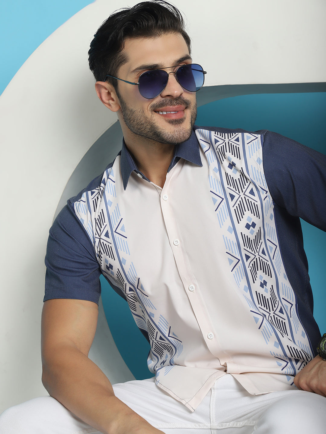 Indian Needle Men's Printed Half Sleeve Lycra Shirt - White - Distacart