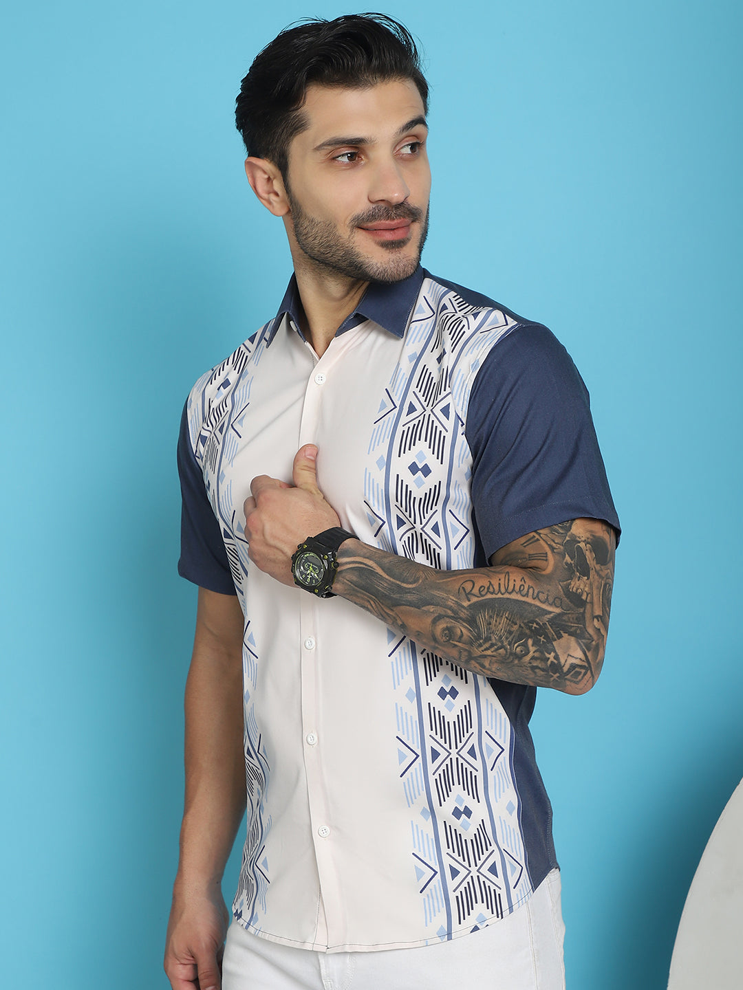 Indian Needle Men's Printed Half Sleeve Lycra Shirt - White - Distacart