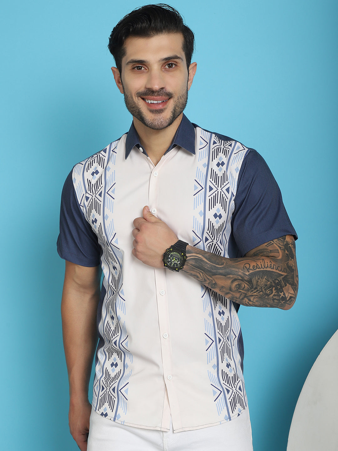 Indian Needle Men's Printed Half Sleeve Lycra Shirt - White - Distacart