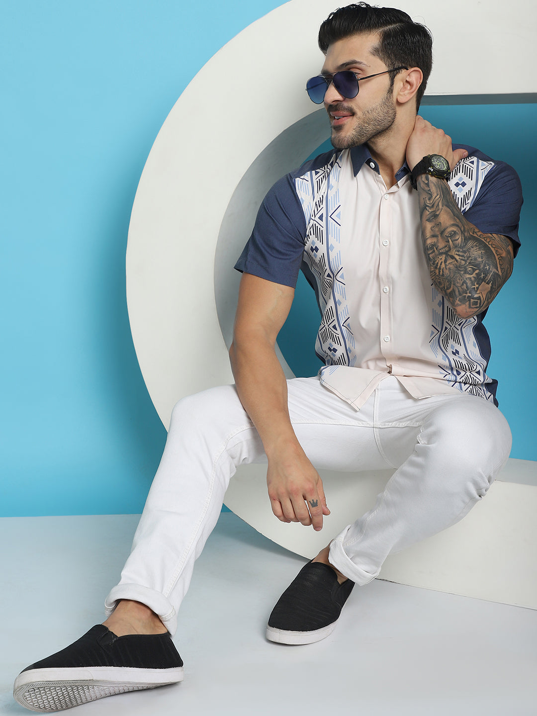 Indian Needle Men's Printed Half Sleeve Lycra Shirt - White - Distacart